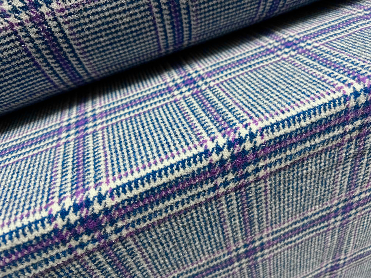 Wool mouflon flannel fabric, per metre - check design - blue & lilac