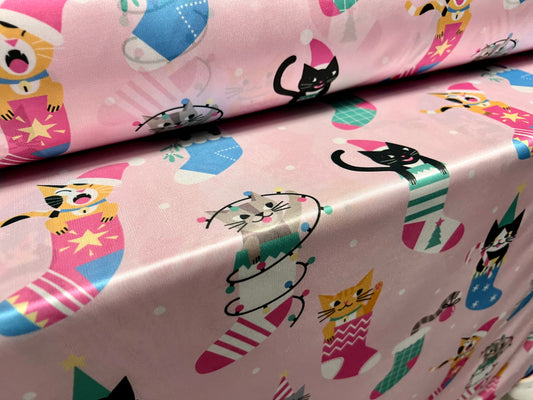 Satin jersey fabric, per metre - Christmas kittens print - pink