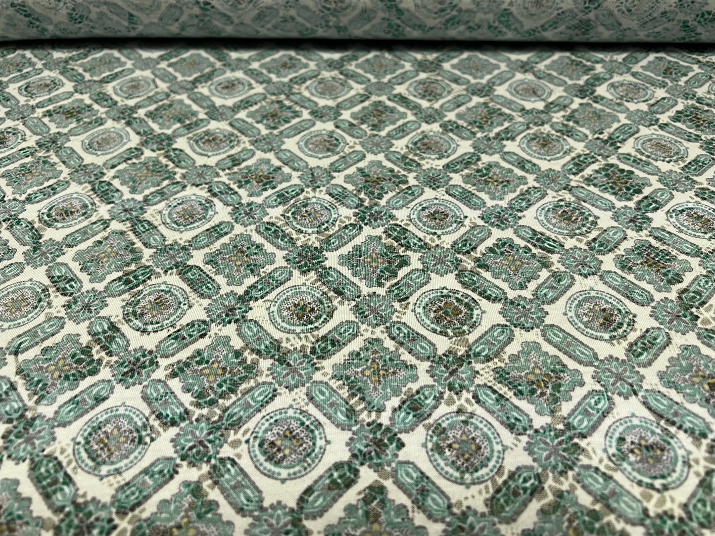 Lady Jessica lightweight burnout single jersey fabric, per metre - Moroccan print - mint & white