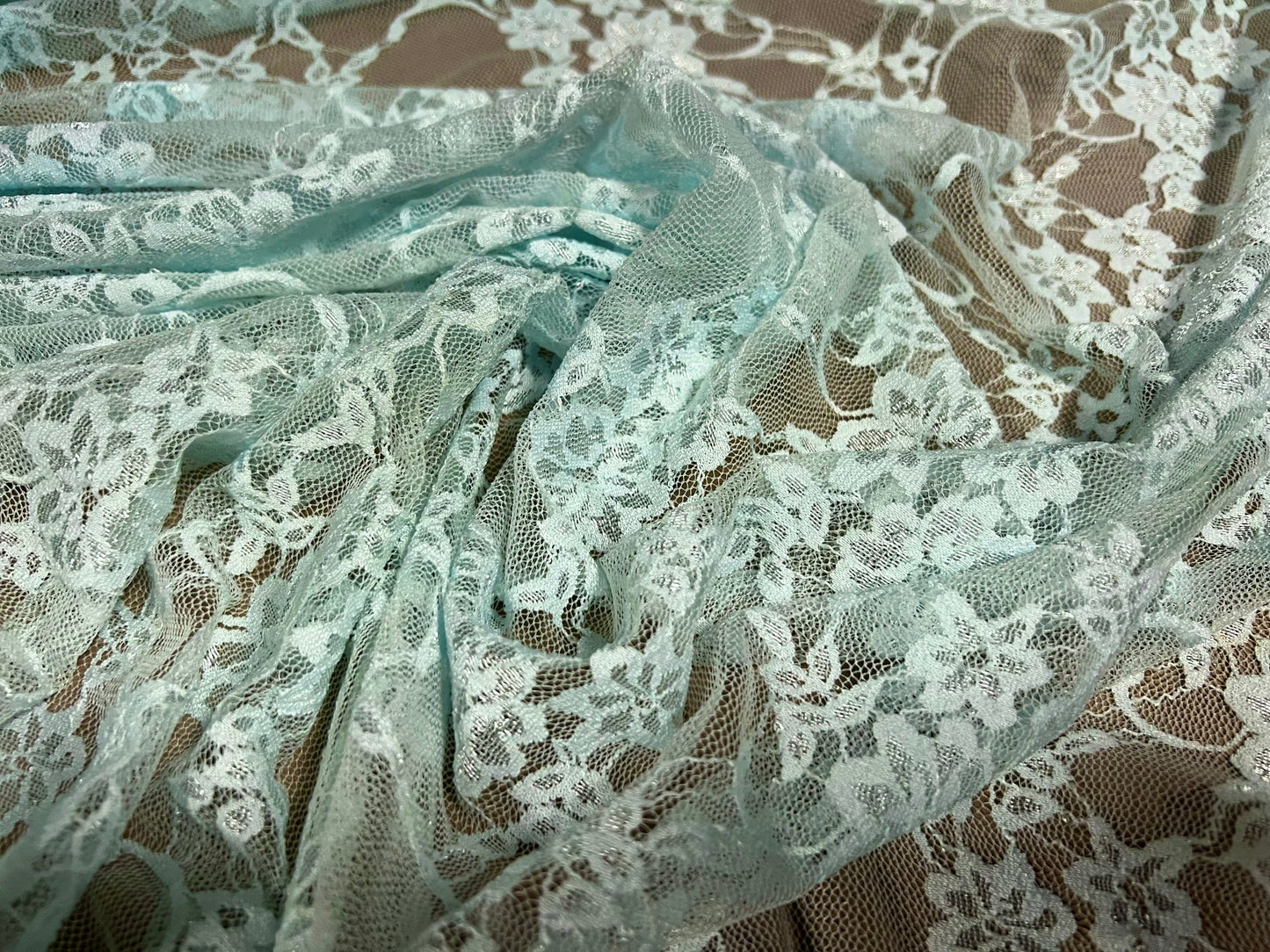 Stretch spandex mesh lace net fabric, per metre - flower design - aqua