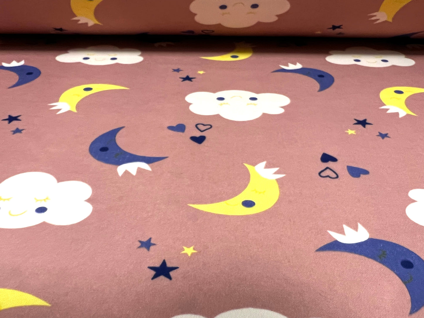 Scuba neoprene style double jersey stretch spandex fabric, per metre - Children’s clouds print - dusky pink