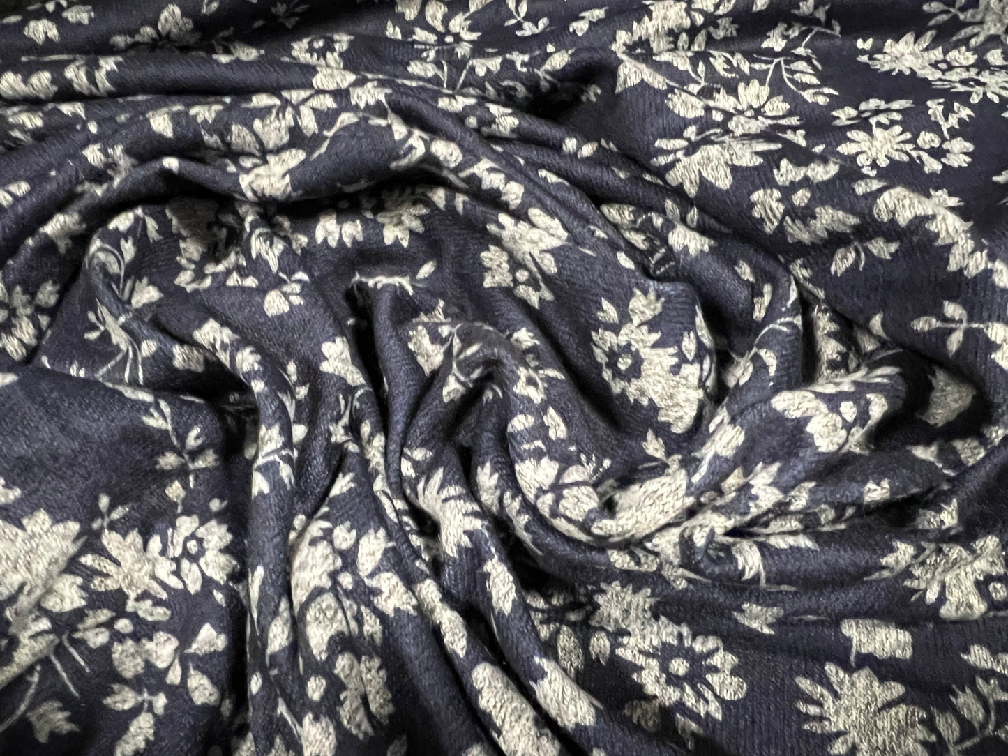 Super soft knitwear jersey fabric, per metre - flower print - navy blue & grey