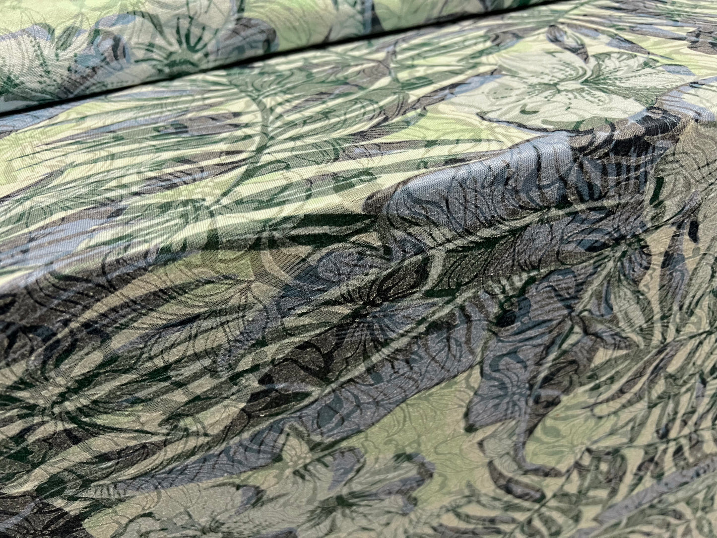 Lady K lightweight burnout single jersey fabric, per metre - jungle leaves print - blue & green