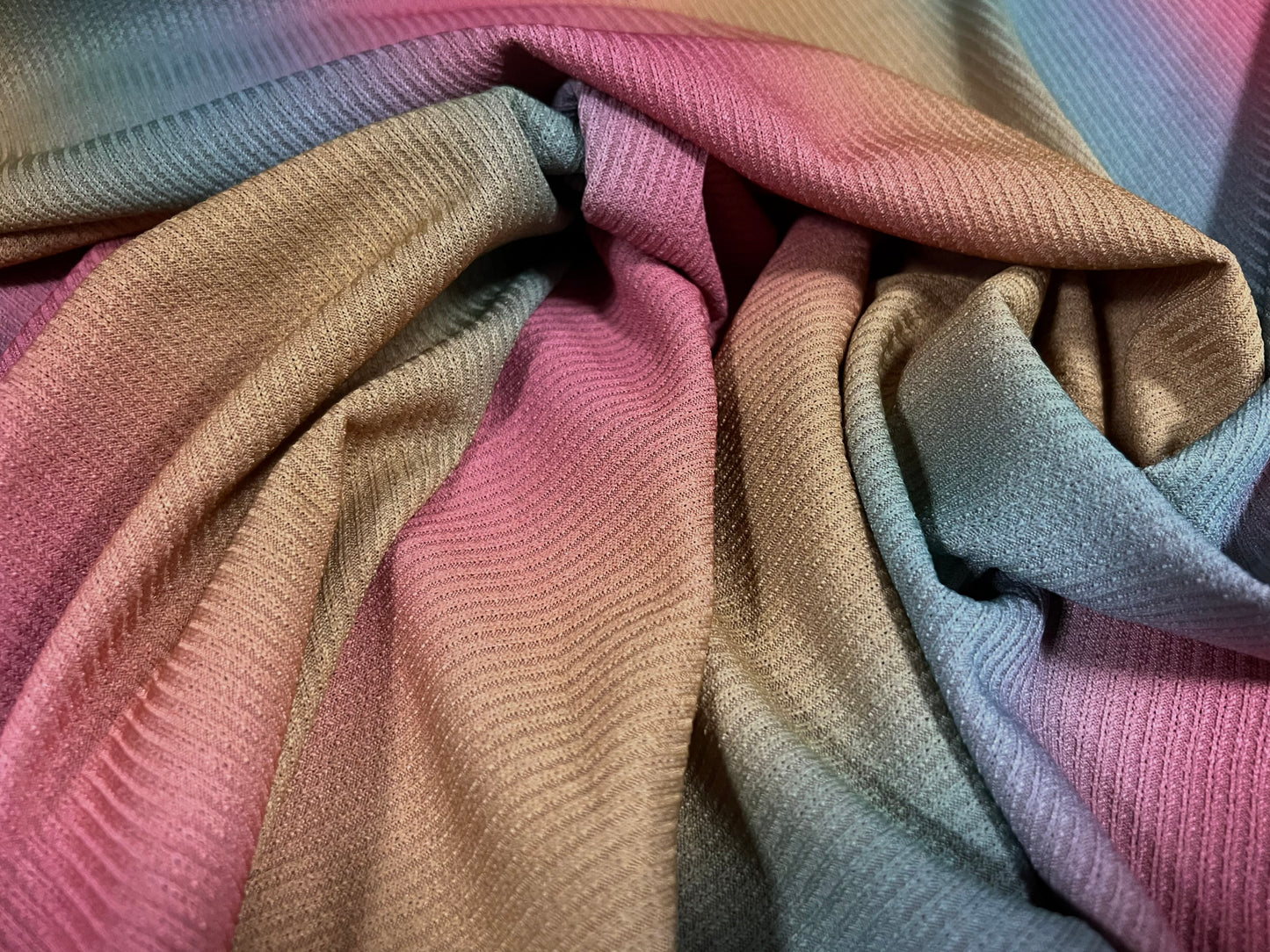 Stretch spandex ribbed jersey fabric, per metre - rainbow ombré stripe print