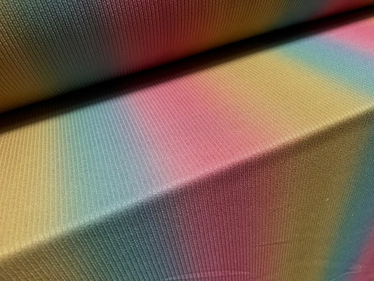 Stretch spandex ribbed jersey fabric, per metre - rainbow ombré stripe print