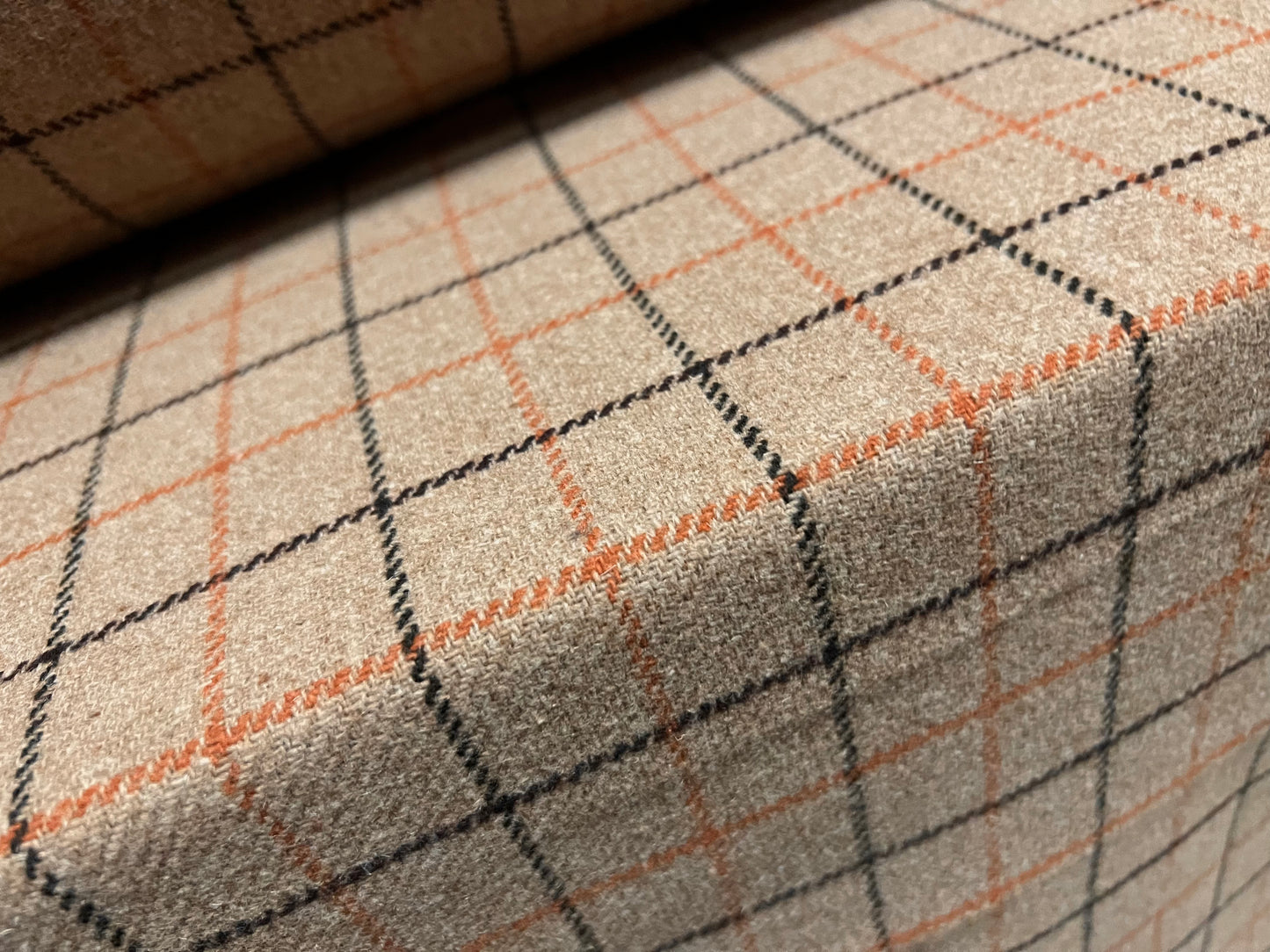 Wool jacquard woven fabric, per metre - check design - stone orange & black