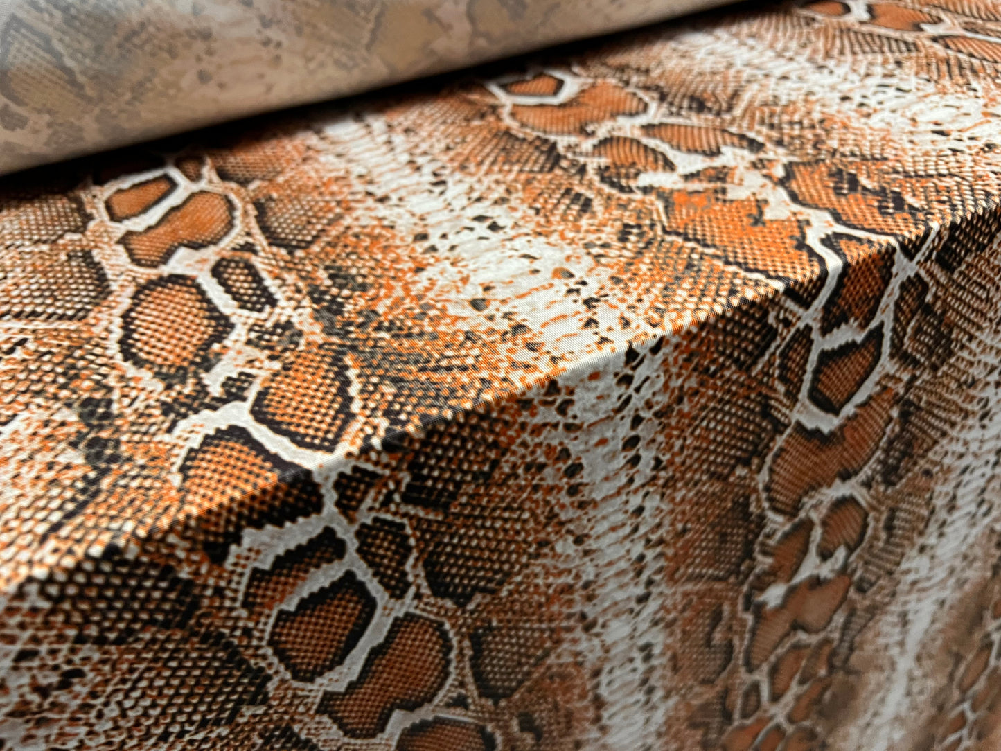 Soft touch stretch spandex single jersey fabric, per metre - snakeskin animal print - brown & cream