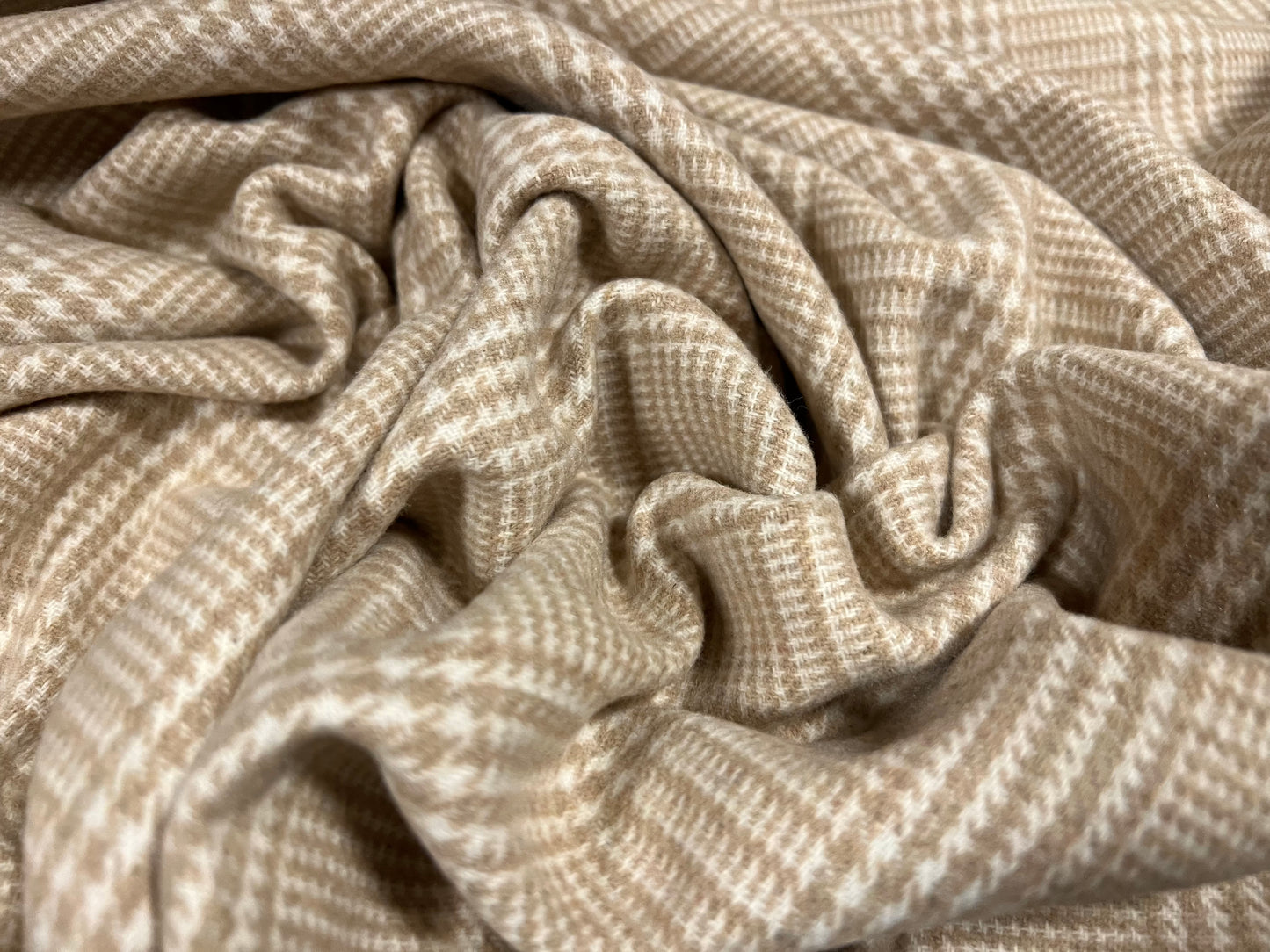 Wool flannel mouflon brushed woven fabric, per metre - check plaid - beige