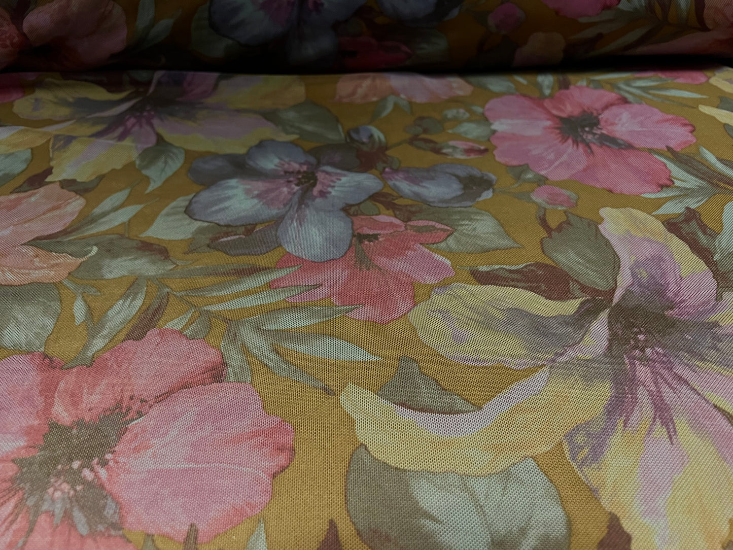 Power mesh net stretch spandex fabric, per metre - lily flowers print - mustard & pink