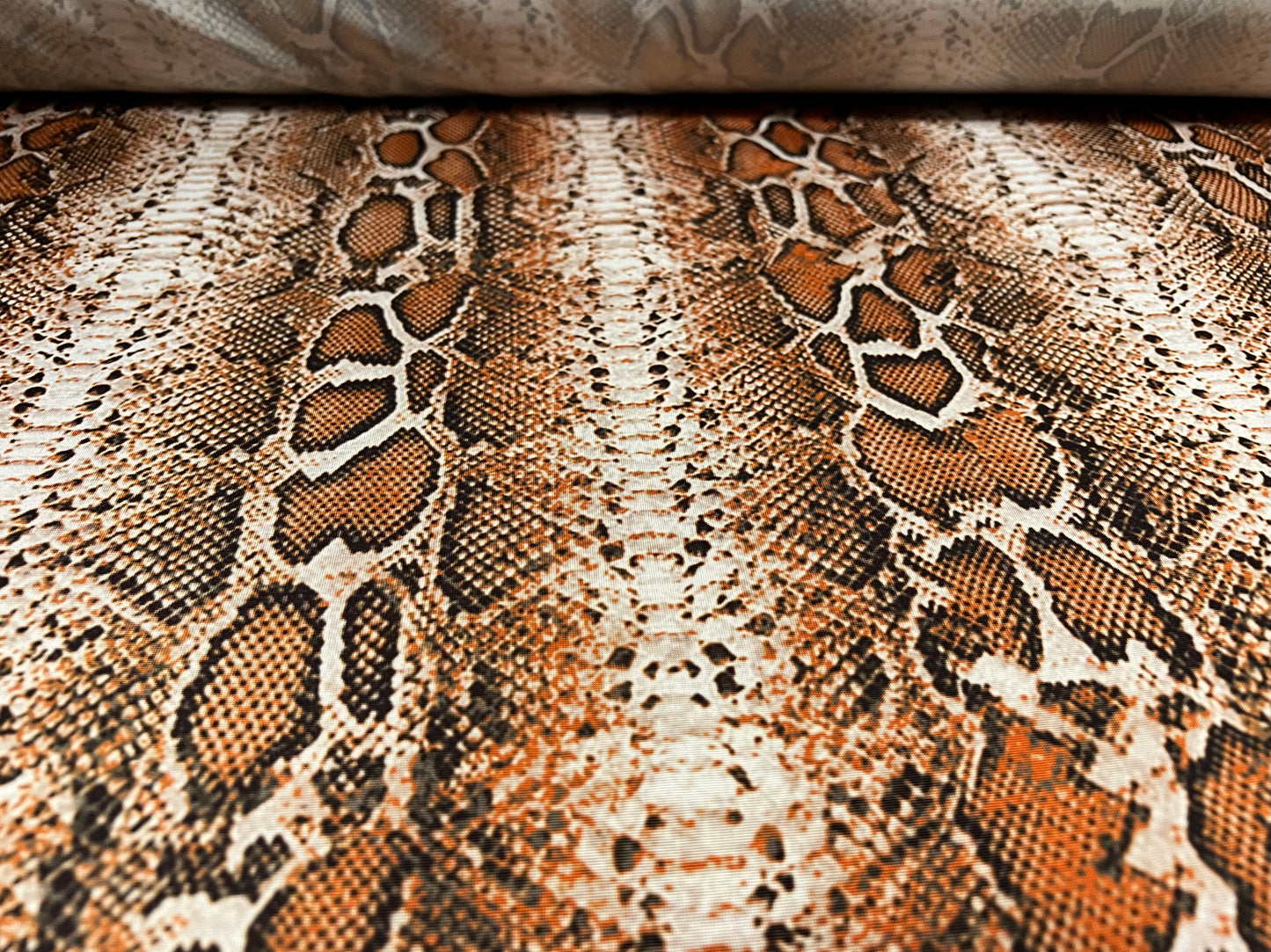 Soft touch stretch spandex single jersey fabric, per metre - snakeskin animal print - brown & cream