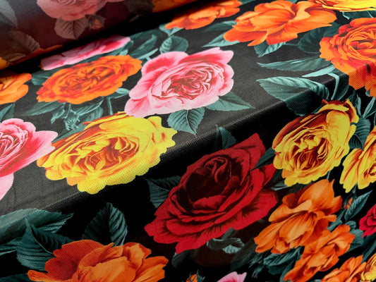 Power mesh net stretch spandex fabric, per metre - rose floral print - multicolour