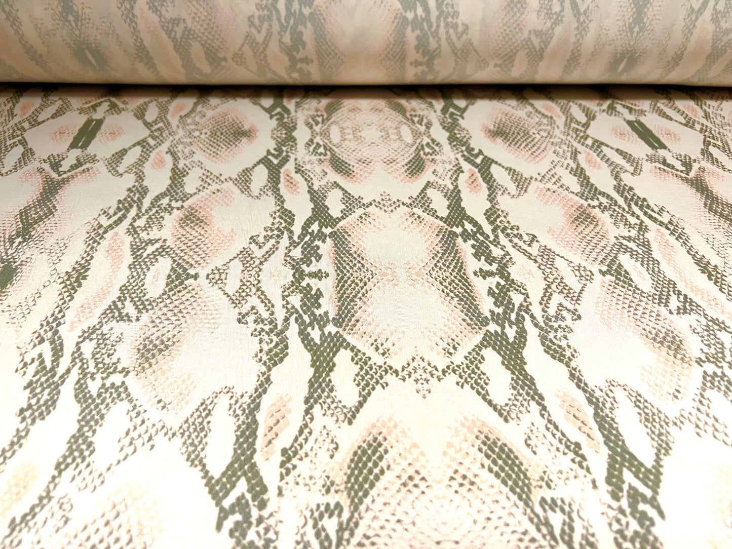 Soft touch stretch spandex jersey fabric, per metre - Snakeskin animal print - cream khaki & pink