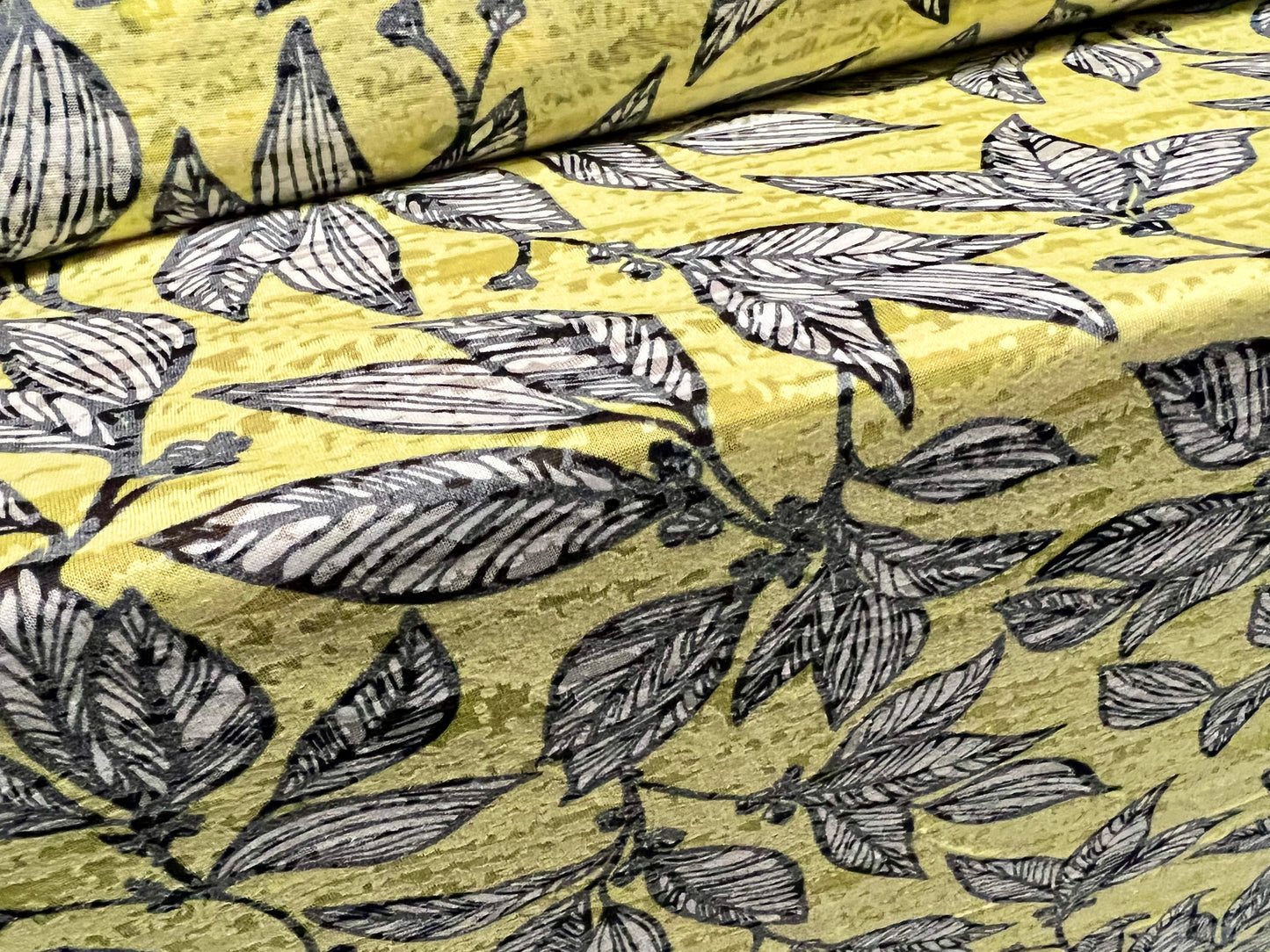 Lady K lightweight burnout single jersey fabric, per metre - leaves print - lemon