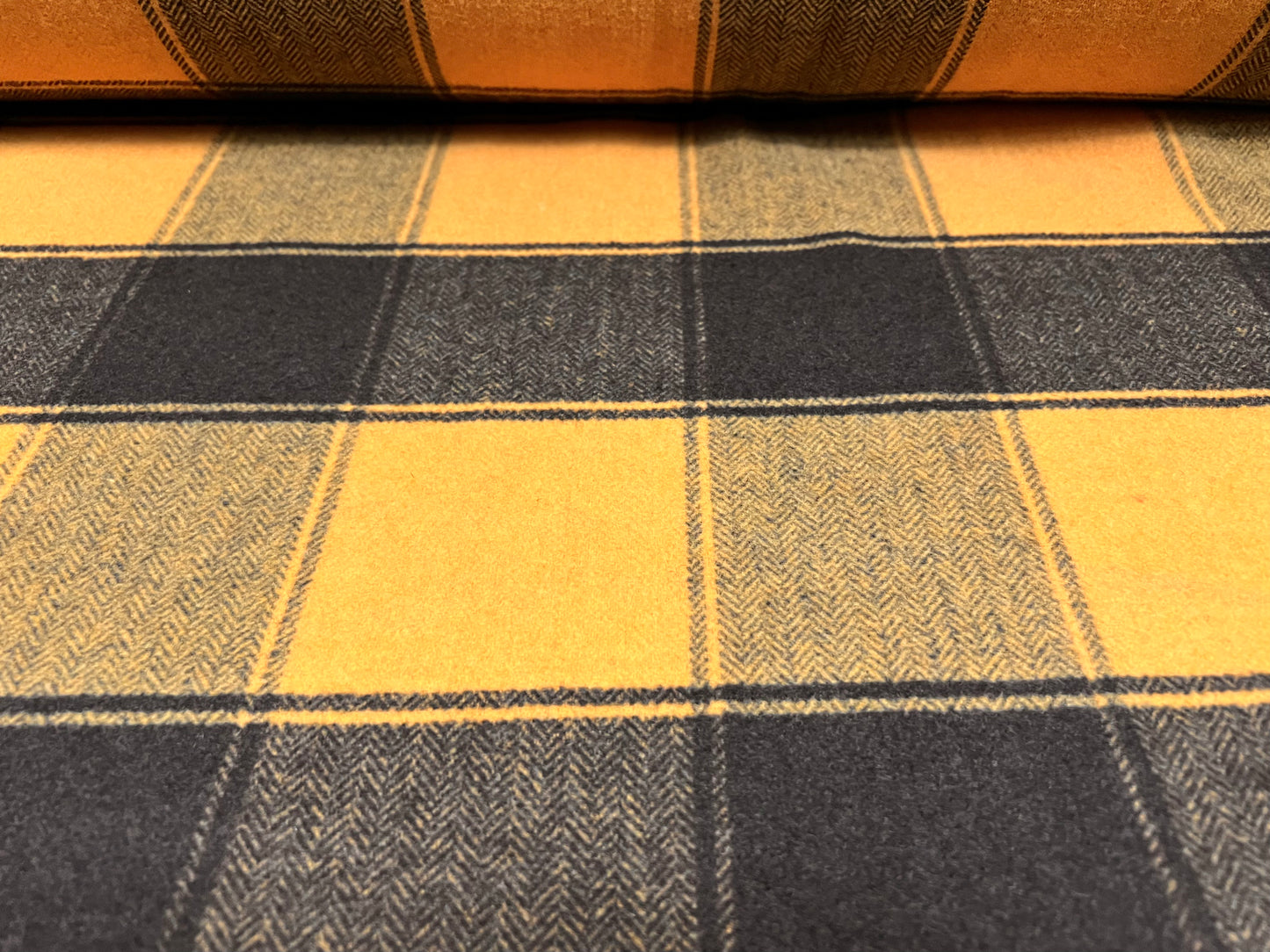 Wool brushed mouflon coat jacket fabric, per metre - herringbone check - mustard & charcoal