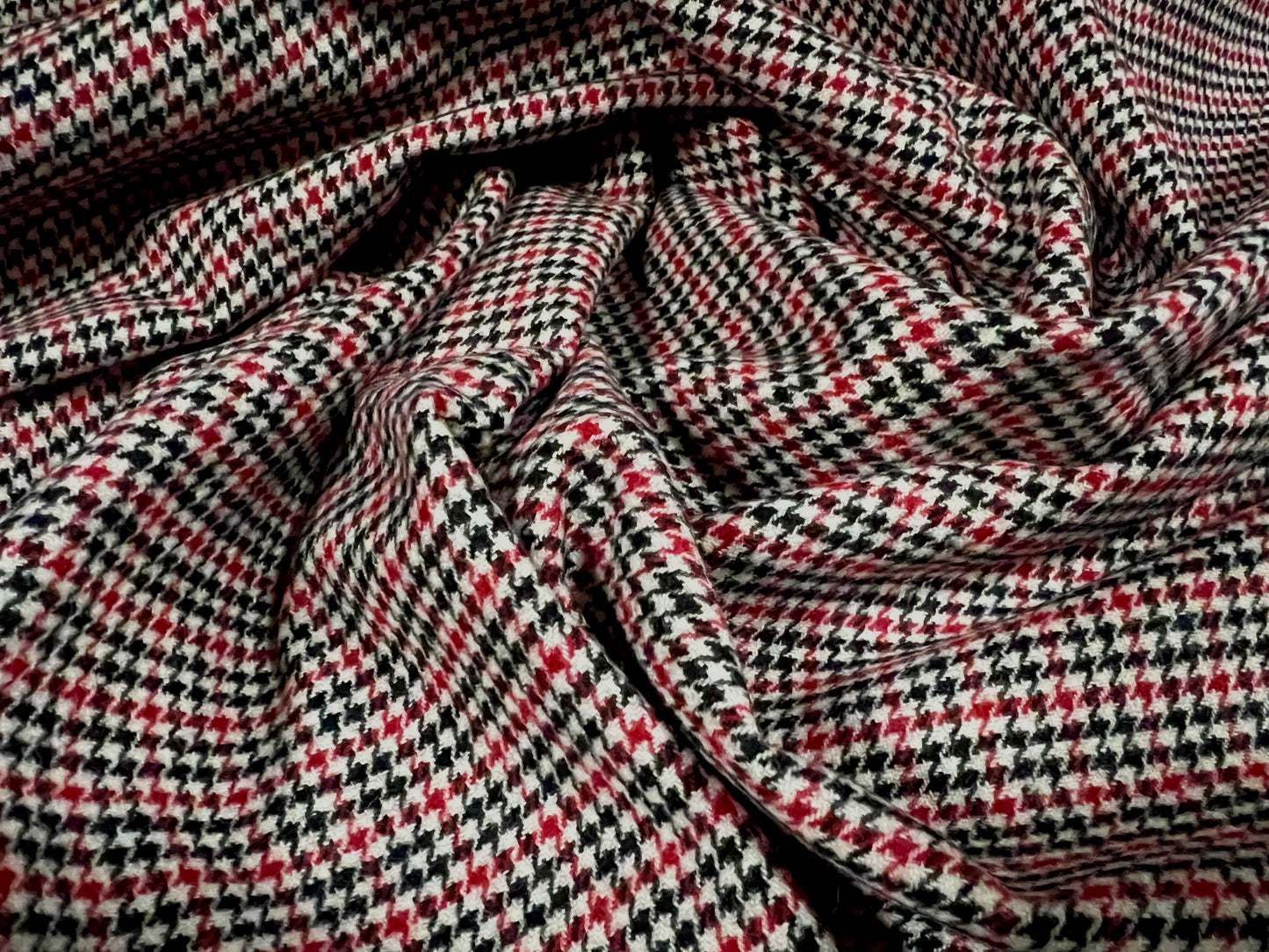 Wool mouflon coat jacket fabric, per metre - small check plaid - red white & black