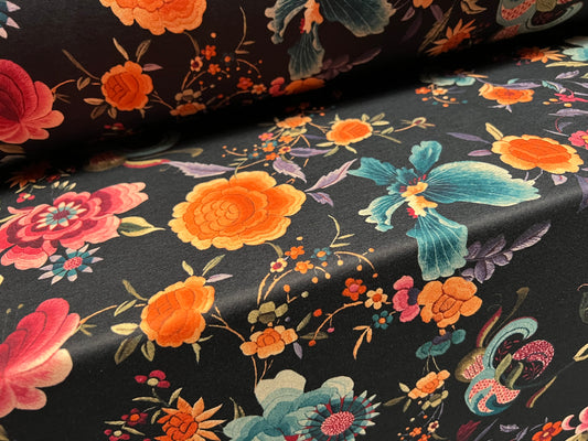 Scuba stretch spandex neoprene style jersey fashion fabric, per metre - floral print - peach & black