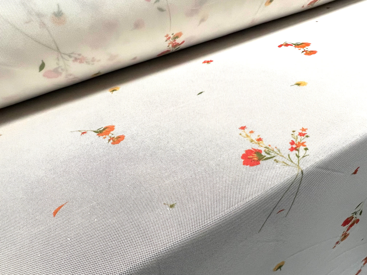 Power mesh net stretch spandex fabric, per metre - smalll flower print - white & orange