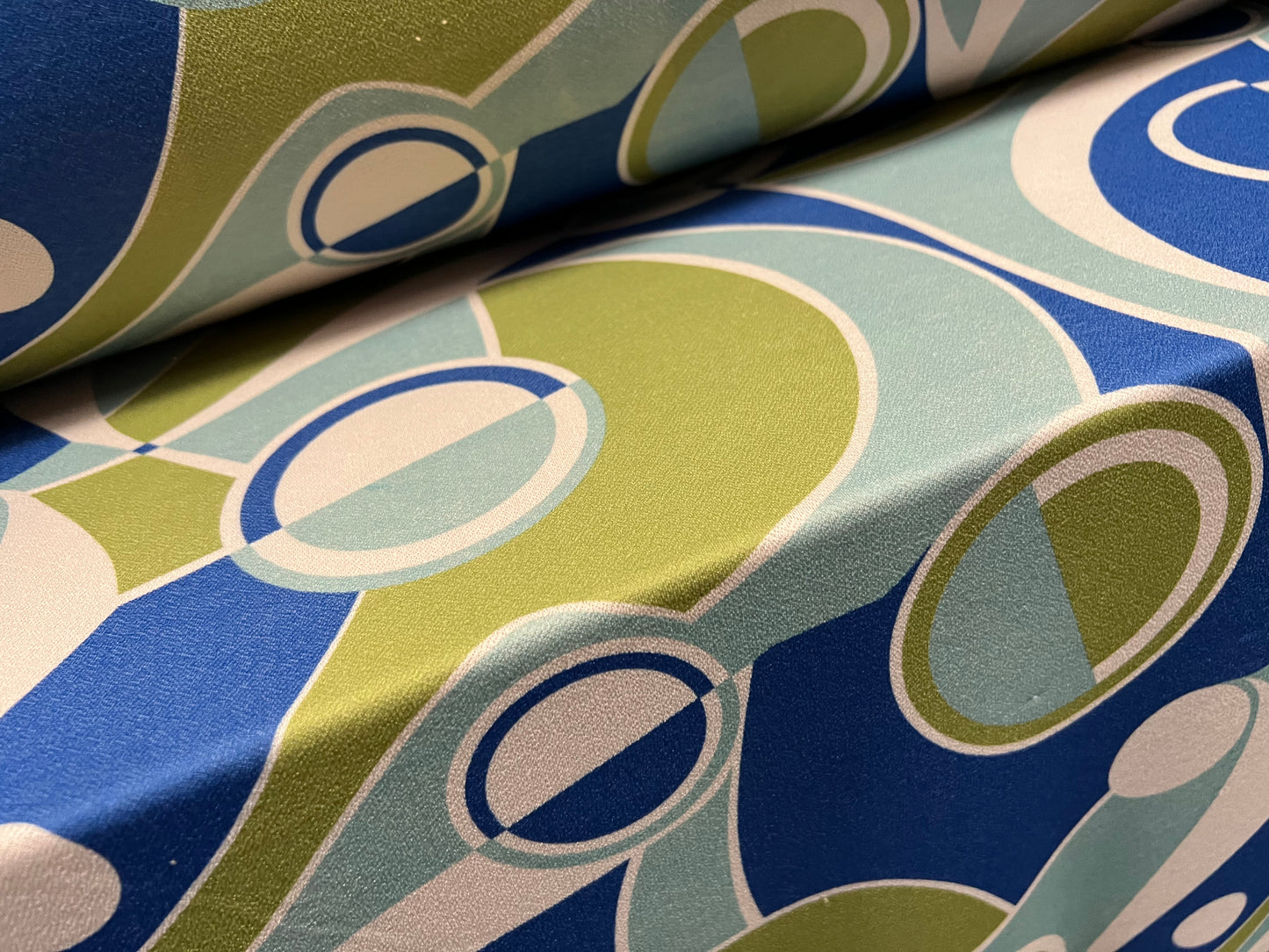 Valentino spandex stretch crepe jersey fabric - similar to scuba - per metre - 60s retro print - cream turquoise blue & green