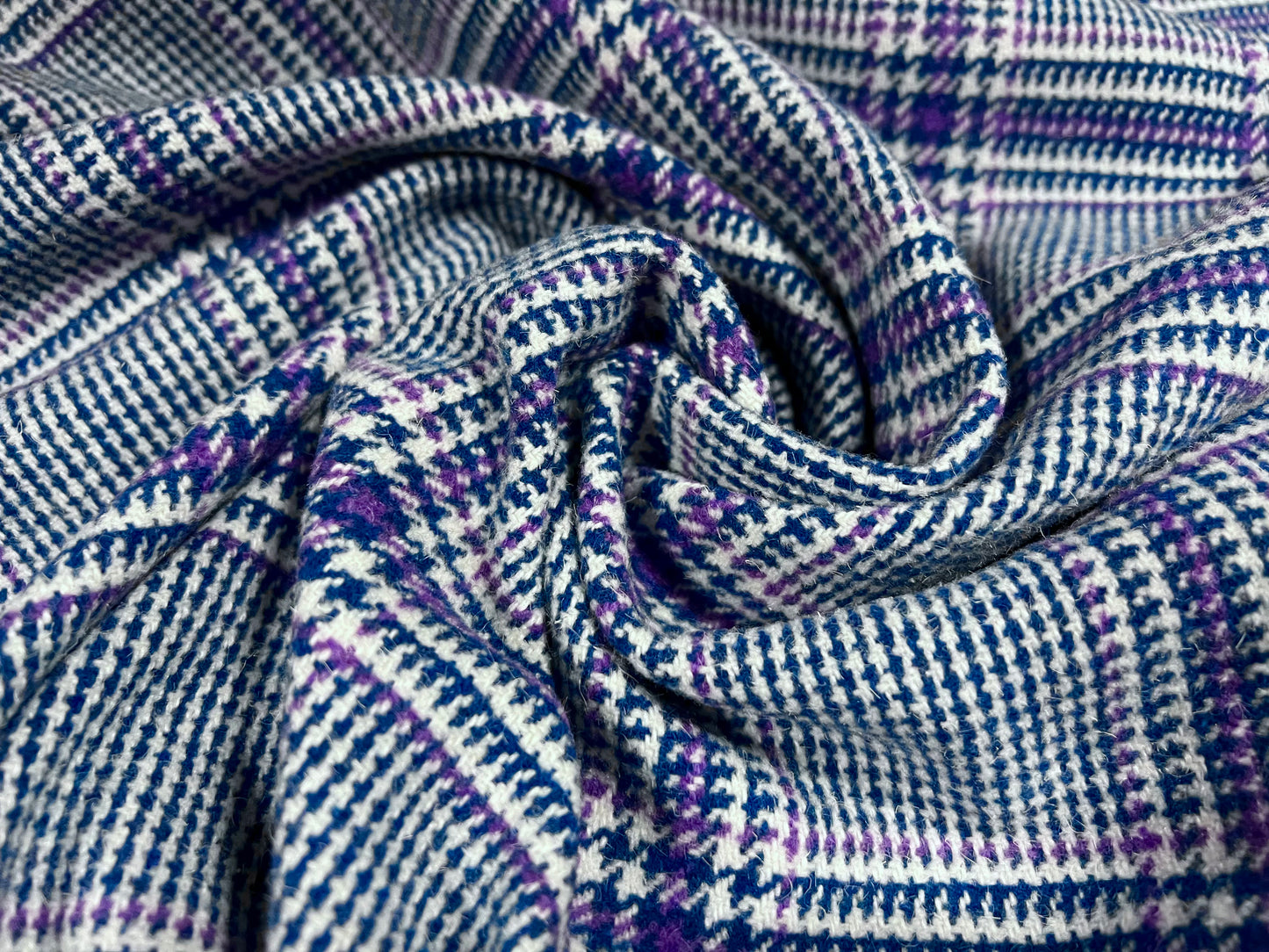 Wool mouflon flannel fabric, per metre - check design - blue & lilac