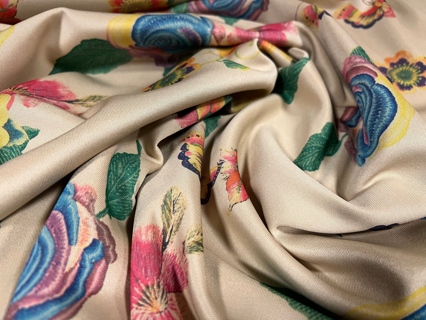 Scuba neoprene style double jersey stretch spandex fabric, per metre - rose flower print - beige & turquoise