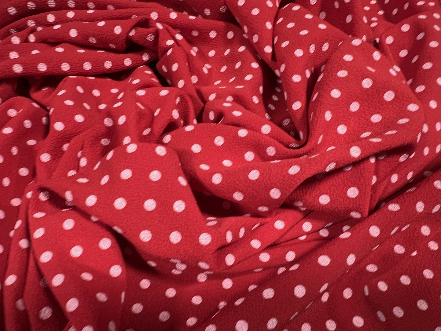 Pebble crepe woven dress fabric, per metre - polka dot print - red & white