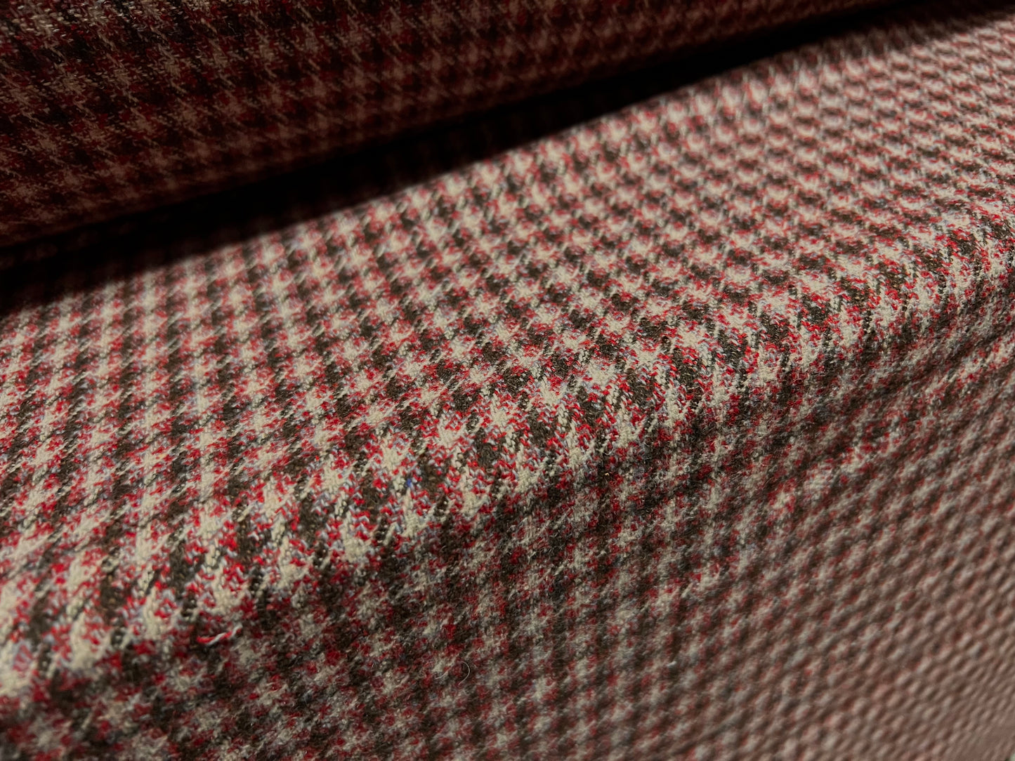 Wool blend tweed style fabric, per metre - check jacquard - wine & pink