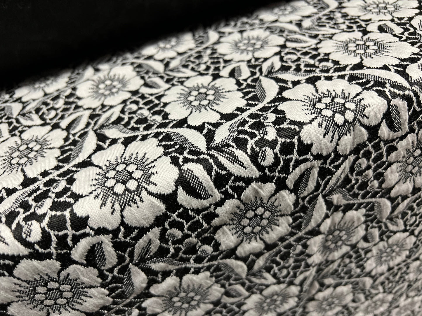 Double jersey spandex knitwear dress fabric, per metre - flower jacquard - black and white