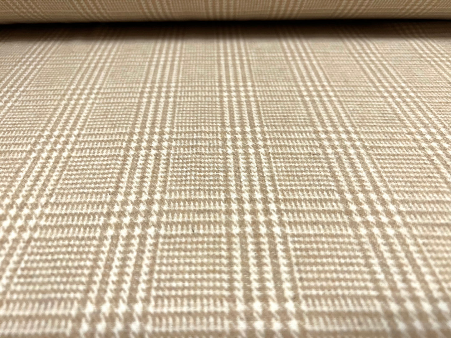 Wool flannel mouflon brushed woven fabric, per metre - check plaid - beige