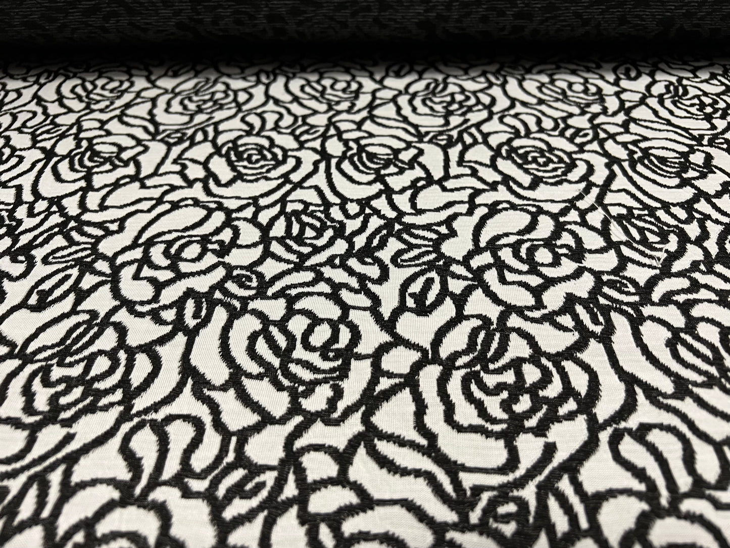 Double jersey knitwear dress fabric, per metre - rose line art jacquard - black and white