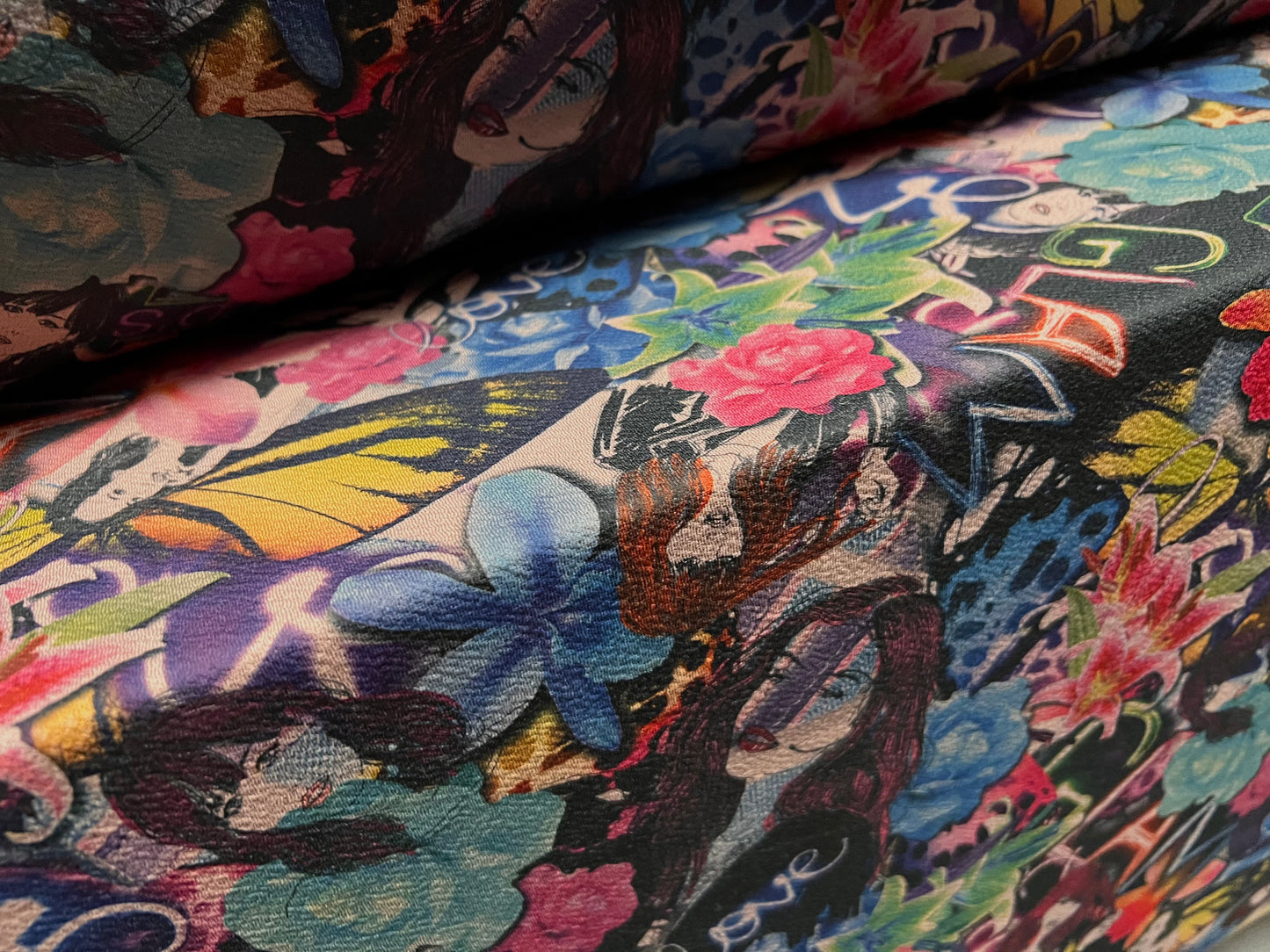 Valentino spandex stretch crepe jersey fabric - similar to scuba - per metre - retro women and flowers print - multicolour