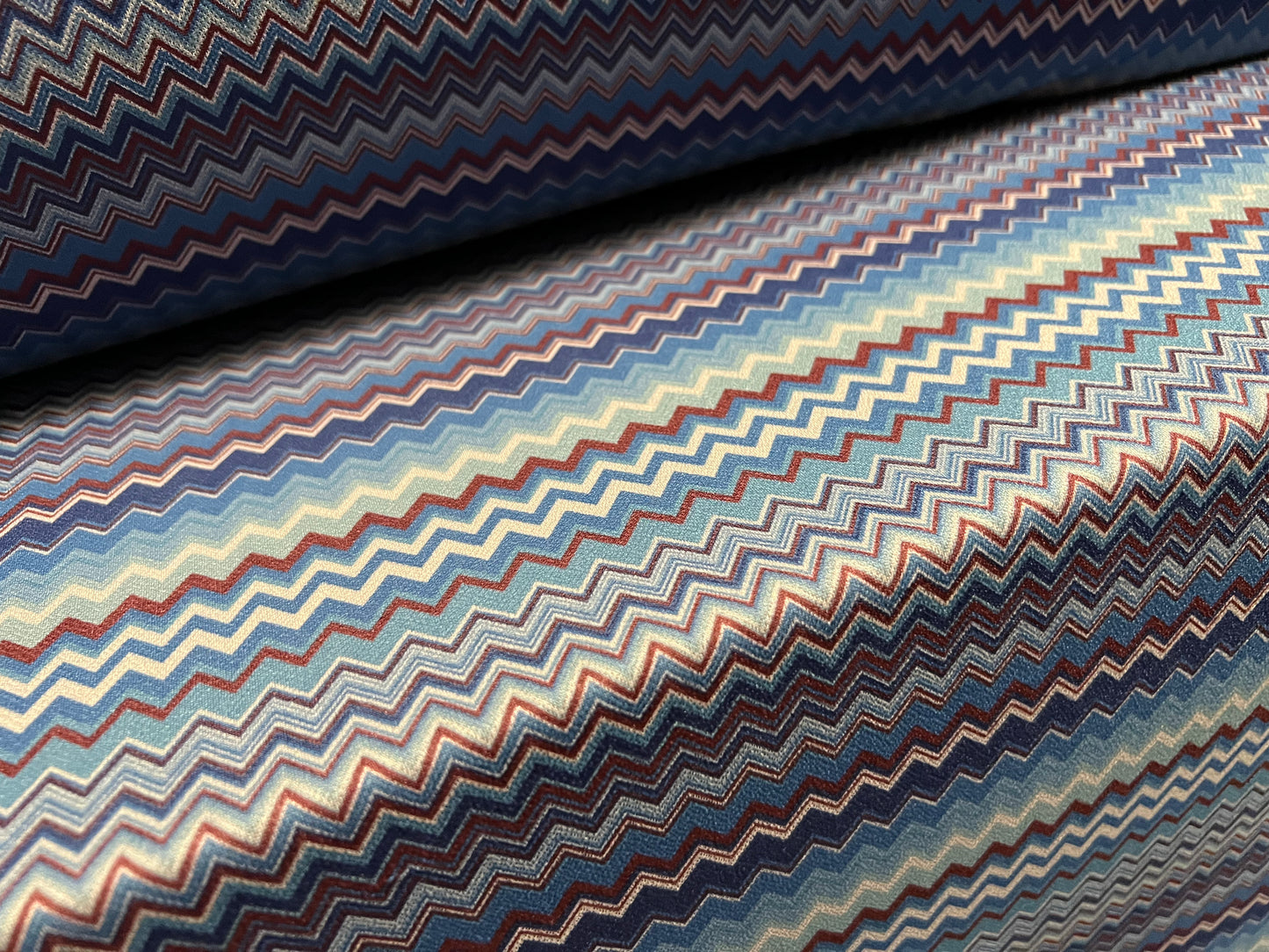 Valentino spandex stretch crepe jersey fabric - similar to scuba - per metre - chevron zig zag print - blue grey