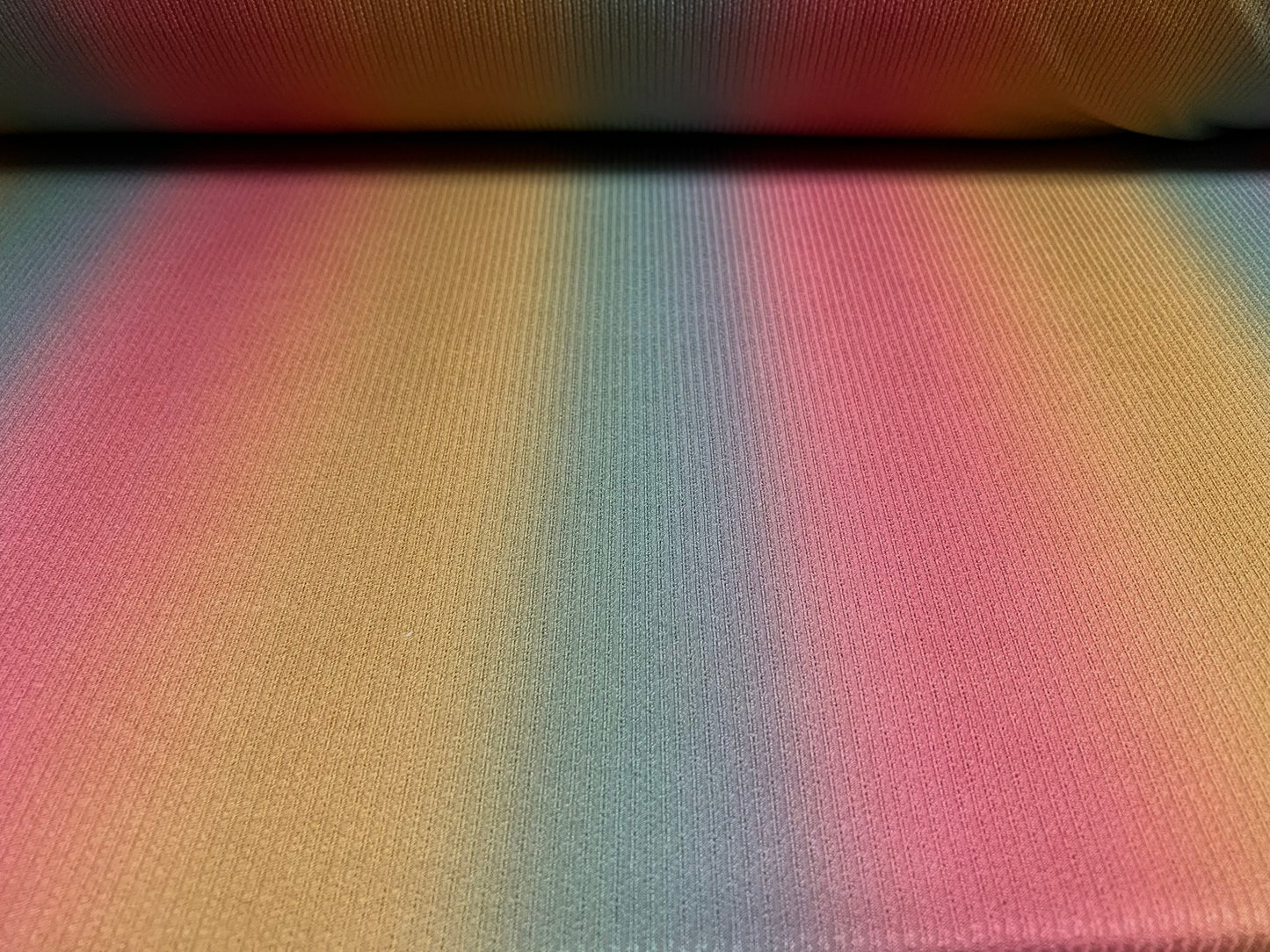 Stretch spandex ribbed jersey fabric, per metre - rainbow ombré stripe print