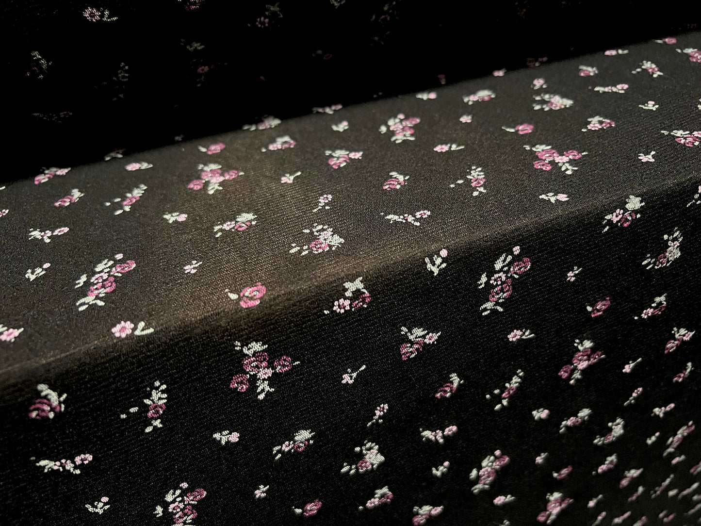 Power mesh net sheer stretch fabric, per metre - ditsy floral print - black & lilac