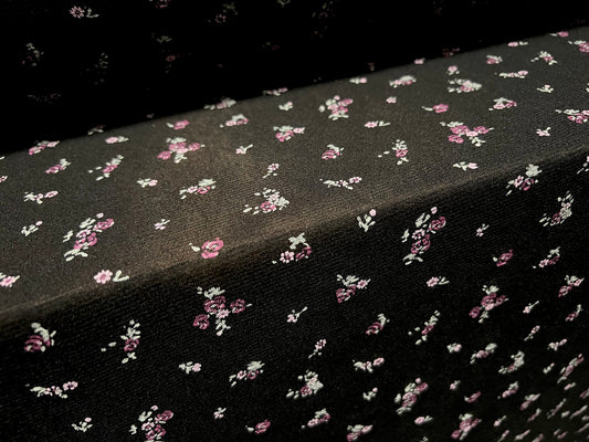 Power mesh net sheer stretch fabric, per metre - ditsy floral print - black & lilac