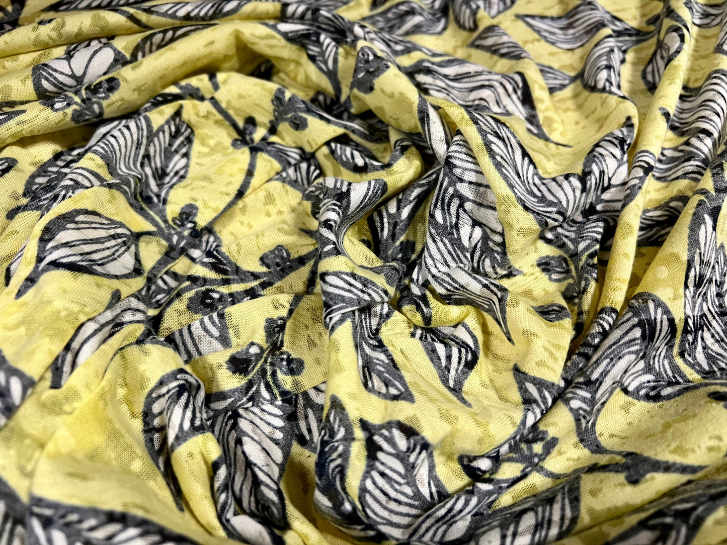 Lady K lightweight burnout single jersey fabric, per metre - leaves print - lemon