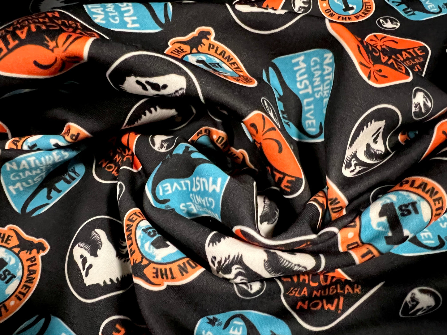 Scuba stretch spandex double jersey fabric, per metre - dinosaur children’s print - black & turquoise