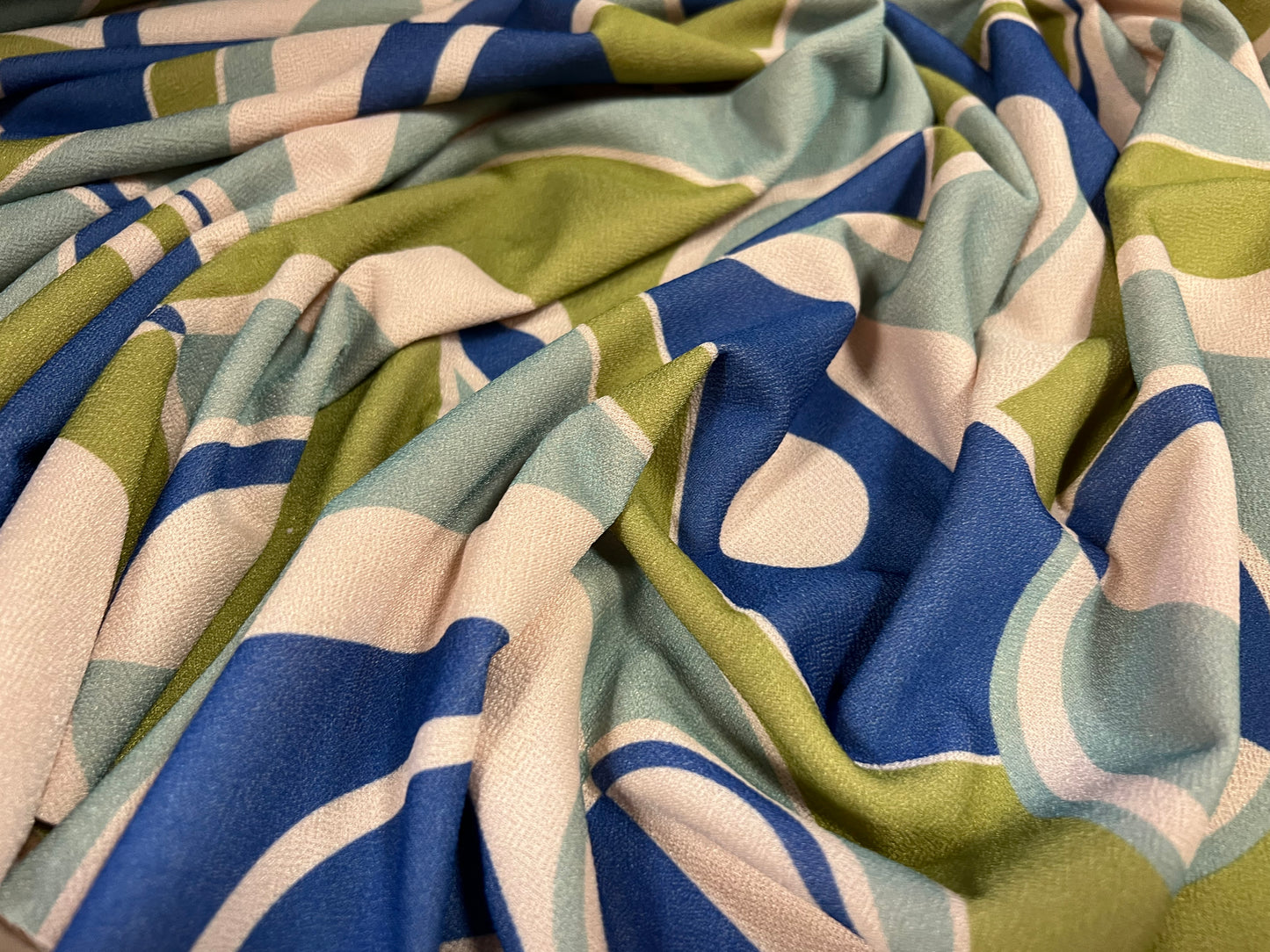 Valentino spandex stretch crepe jersey fabric - similar to scuba - per metre - 60s retro print - cream turquoise blue & green