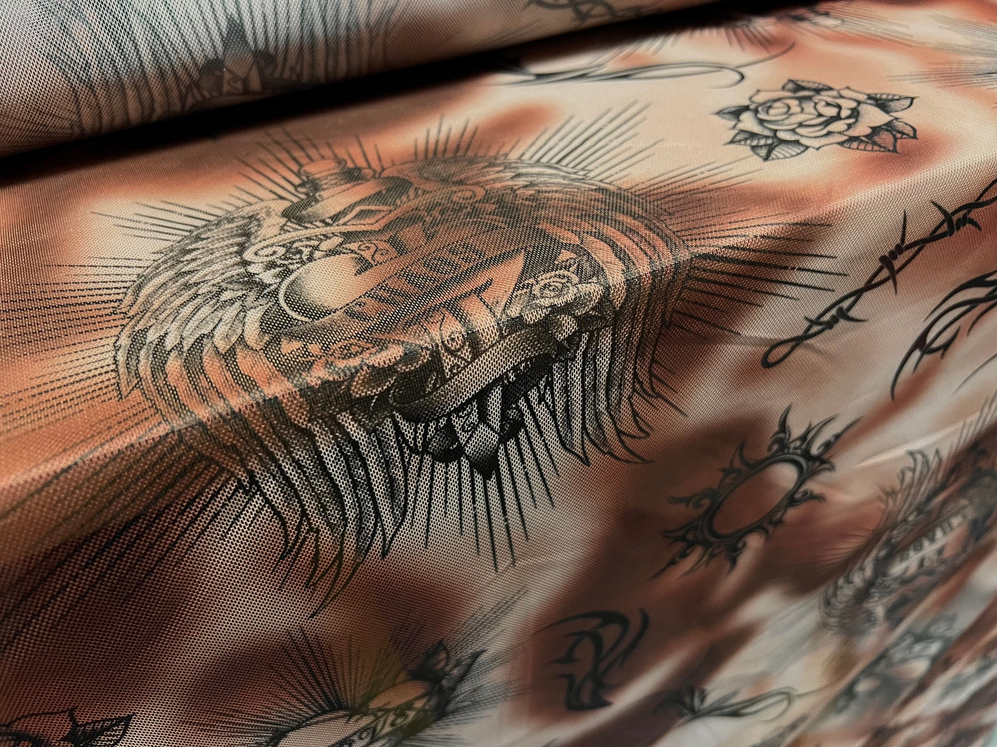 Power mesh net stretch spandex fabric, per metre - love & chaos tattoo print - brown