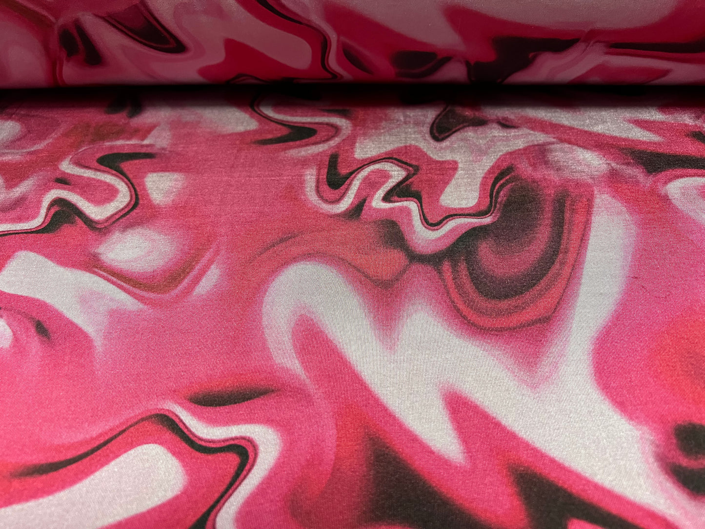 Disco shimmer spandex stretch jersey fabric, per metre - swirl print - cerise pink & grey