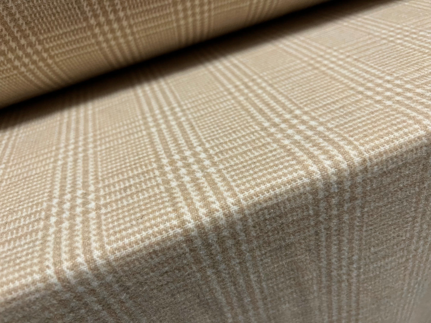 Wool flannel mouflon brushed woven fabric, per metre - check plaid - beige