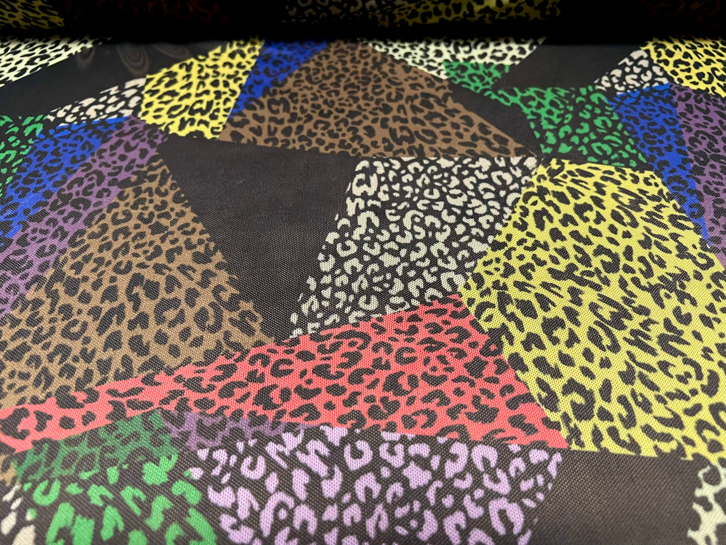 Power mesh net stretch spandex fabric, per metre - cheetah collage animal print - multicolour