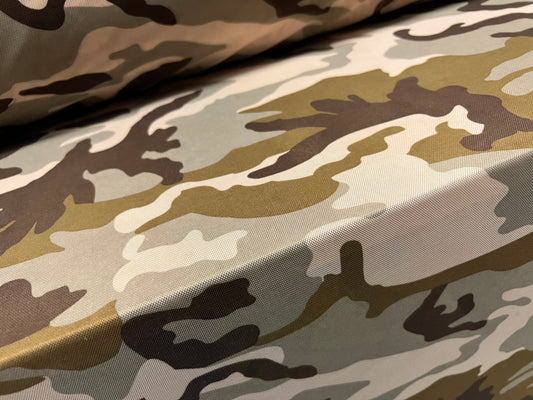 Power mesh net stretch spandex fabric, per metre - camouflage print - khaki & cream