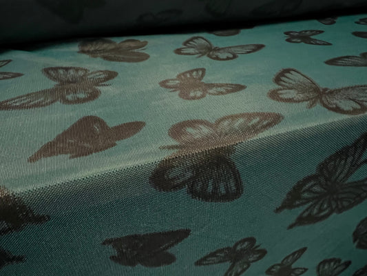 Power mesh net stretch spandex fabric, per metre - butterflies print - dark jade green