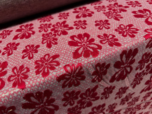 Double jersey knitwear dress fabric, per metre - floral jacquard - red & grey marl