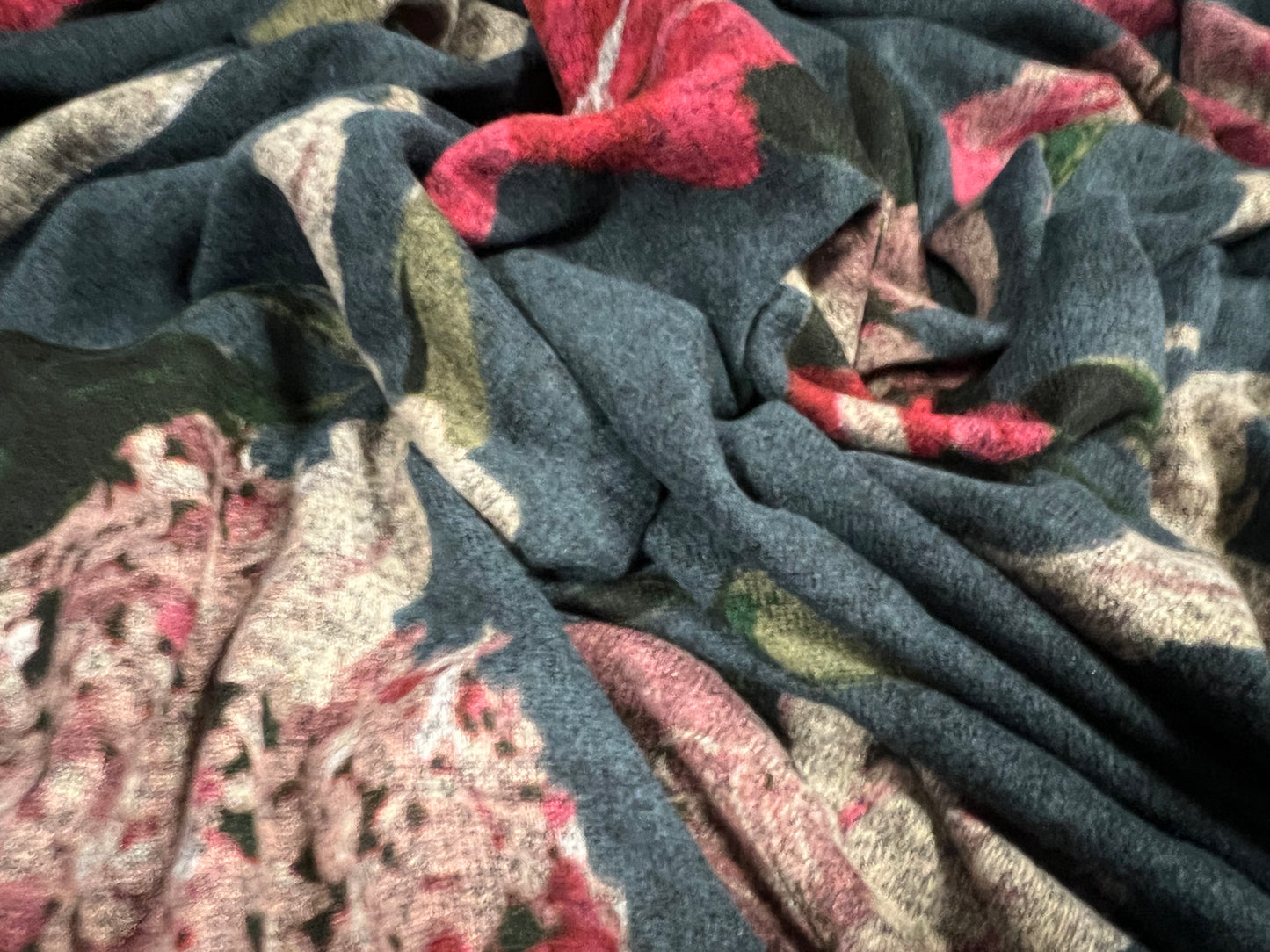 Super soft knitwear jersey fabric, per metre - large flower print - petrol blue & pink