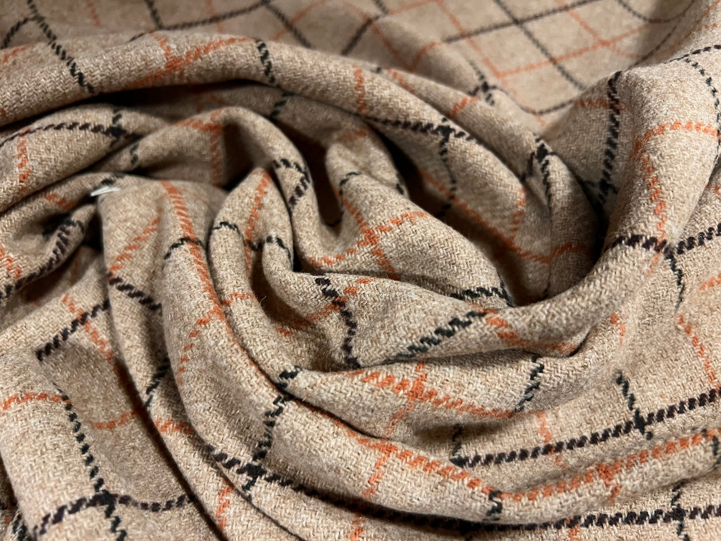 Wool jacquard woven fabric, per metre - check design - stone orange & black