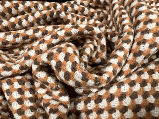 Wool blend bouclé jacquard fabric, per metre - geometric design - caramel & cream