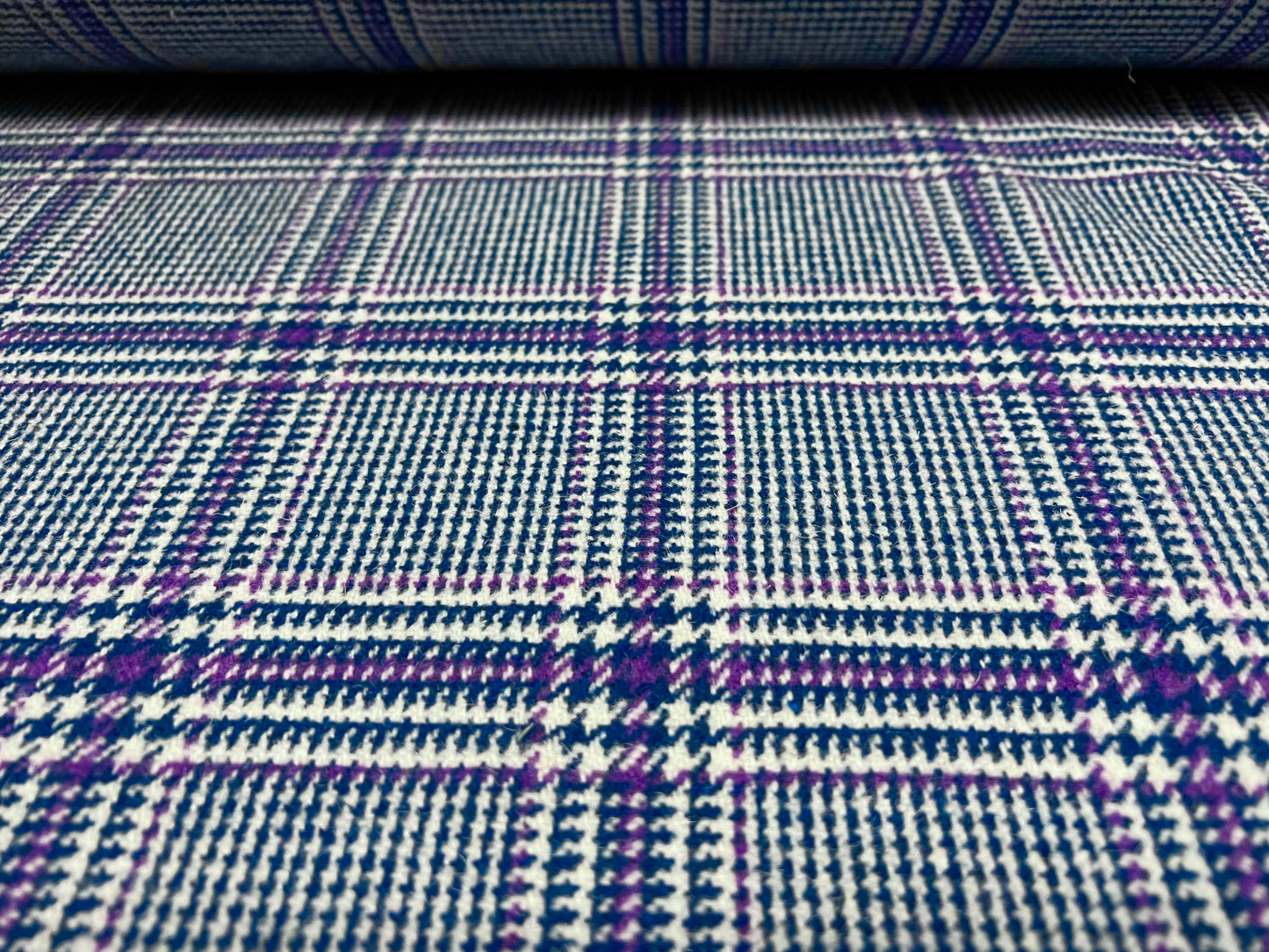 Wool mouflon flannel fabric, per metre - check design - blue & lilac