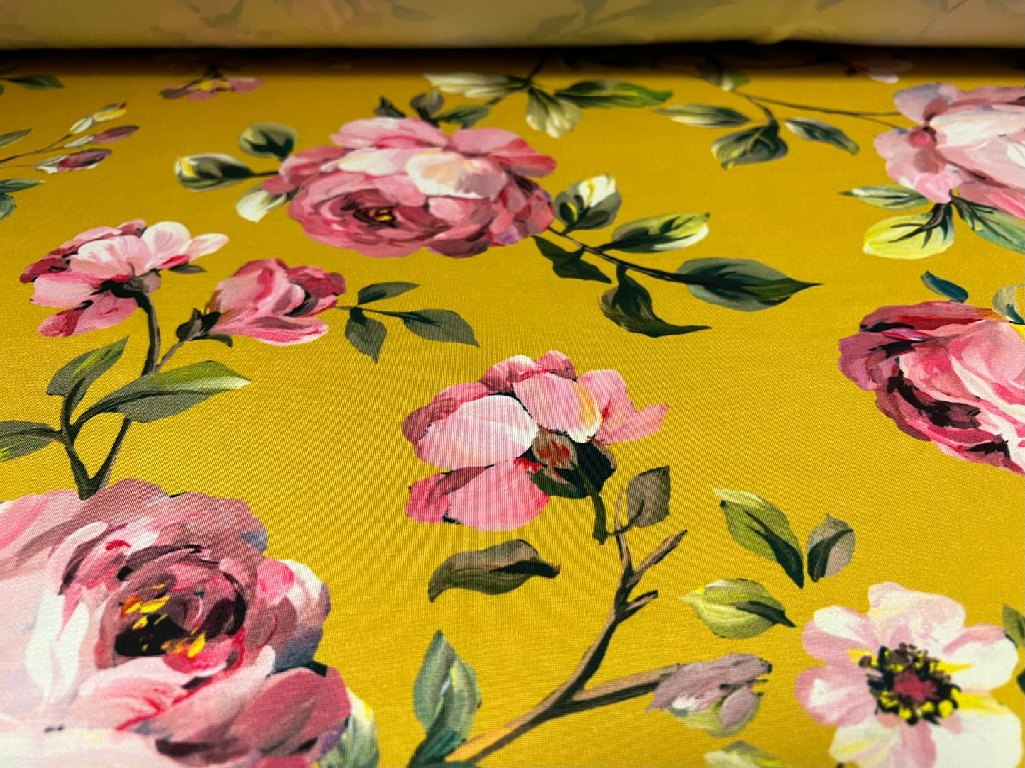 Soft touch stretch spandex jersey fabric, per metre - rose flower print - mustard & pink