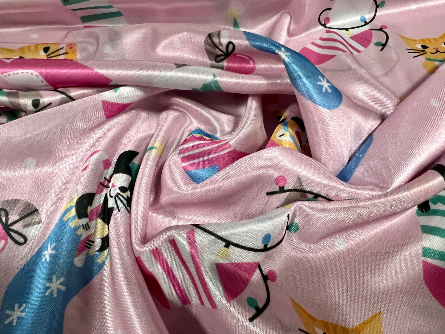 Satin jersey fabric, per metre - Christmas kittens print - pink